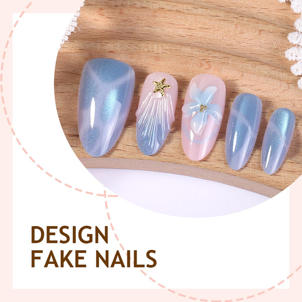 Press On Nails - Glossy Marble Medium Almond with 3D Flower & Gold Star Charms | 30 Pcs, Reusable for Ocean Beach Manicure