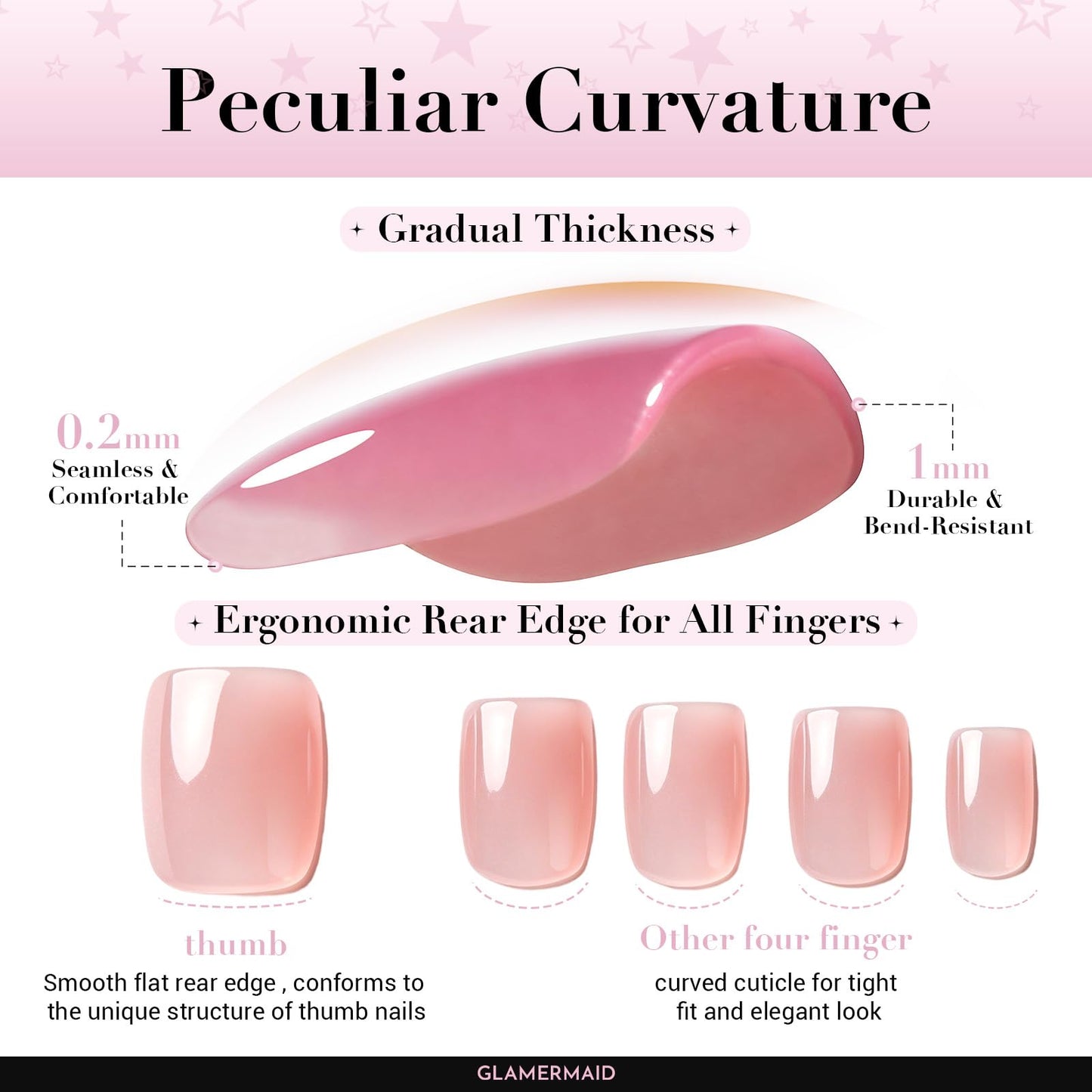GLAMERMAID Classic French Tip Press on Nails Short, Pink Fake Nails Sqaure