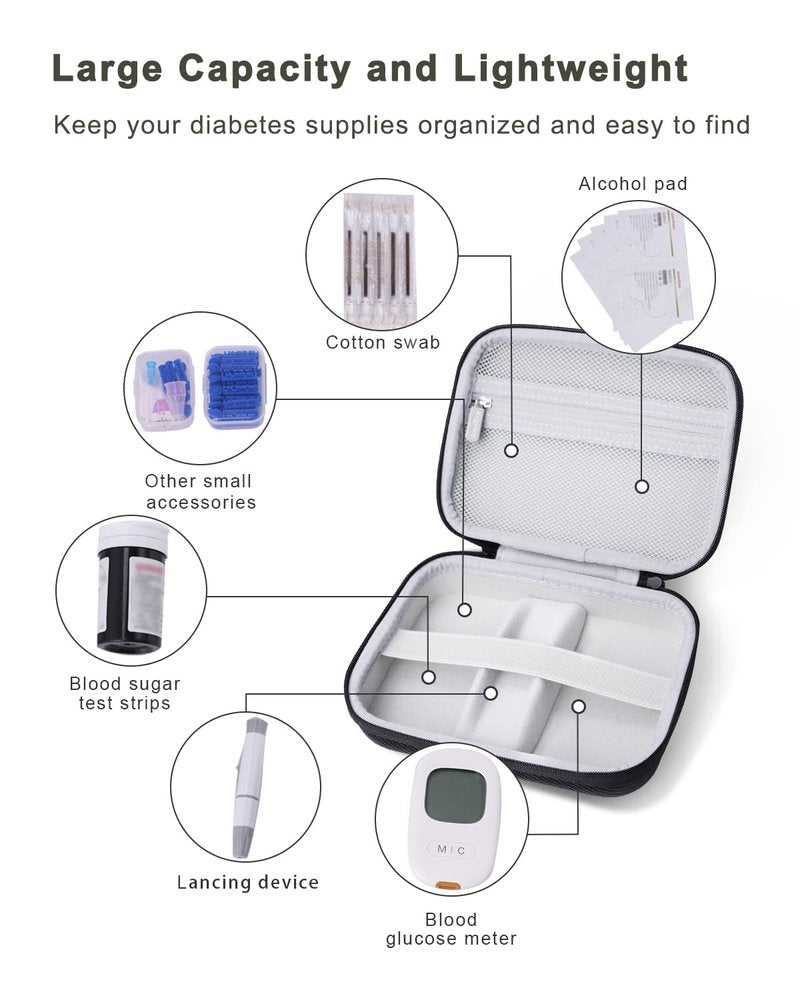 Krypthos Diabetic Supplies Travel Case, Carrying Case for Diabetes Blood Glucose Meter, Portable Diabetes Testing Kit Storage Organizer Bag for Blood Sugar Test Strips, Lancets, Lancing Device-Black
