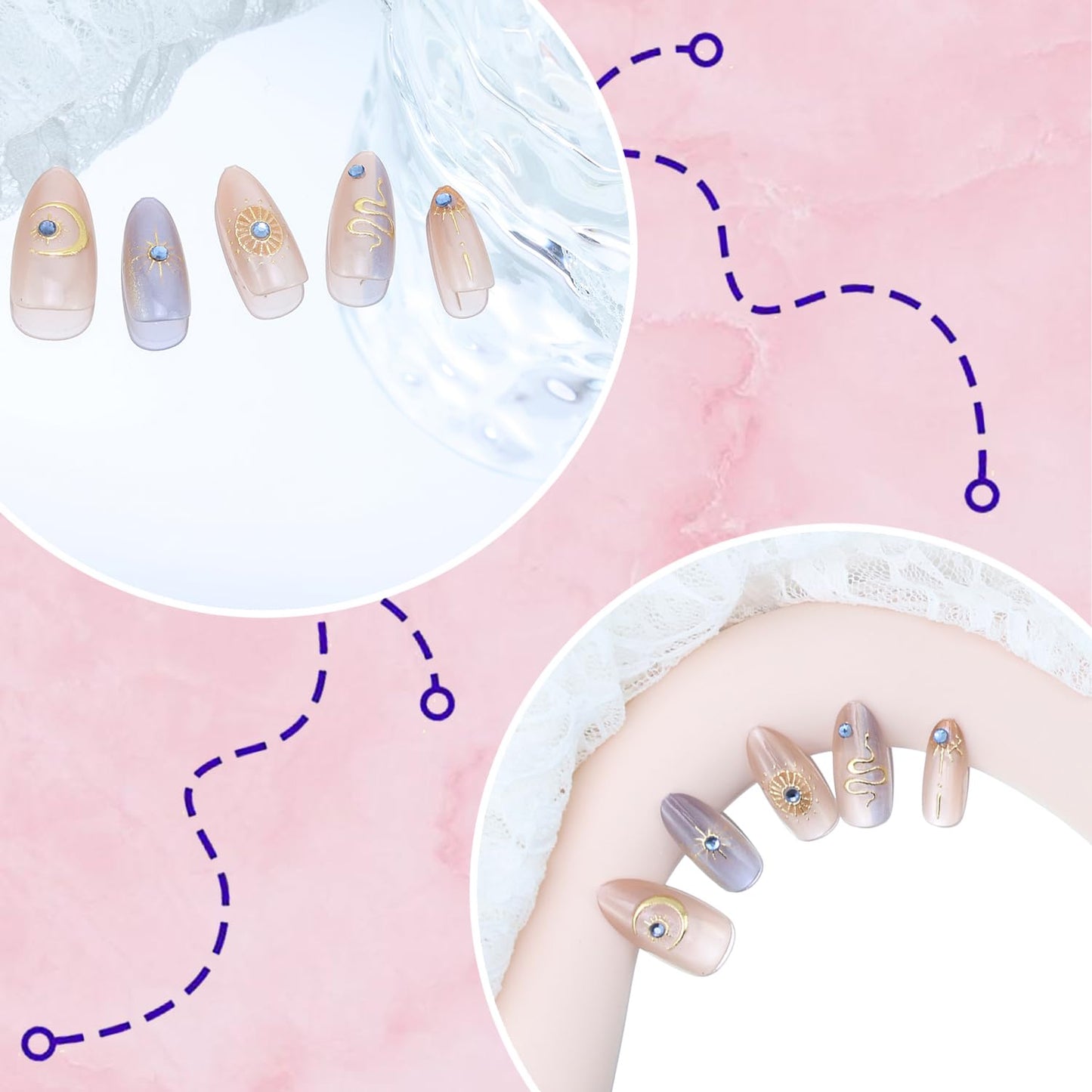 Gold Star Press-On Nails - 30 Pcs Medium Almond Acrylic with 3D Blue Rhinestones | Bohemian Style