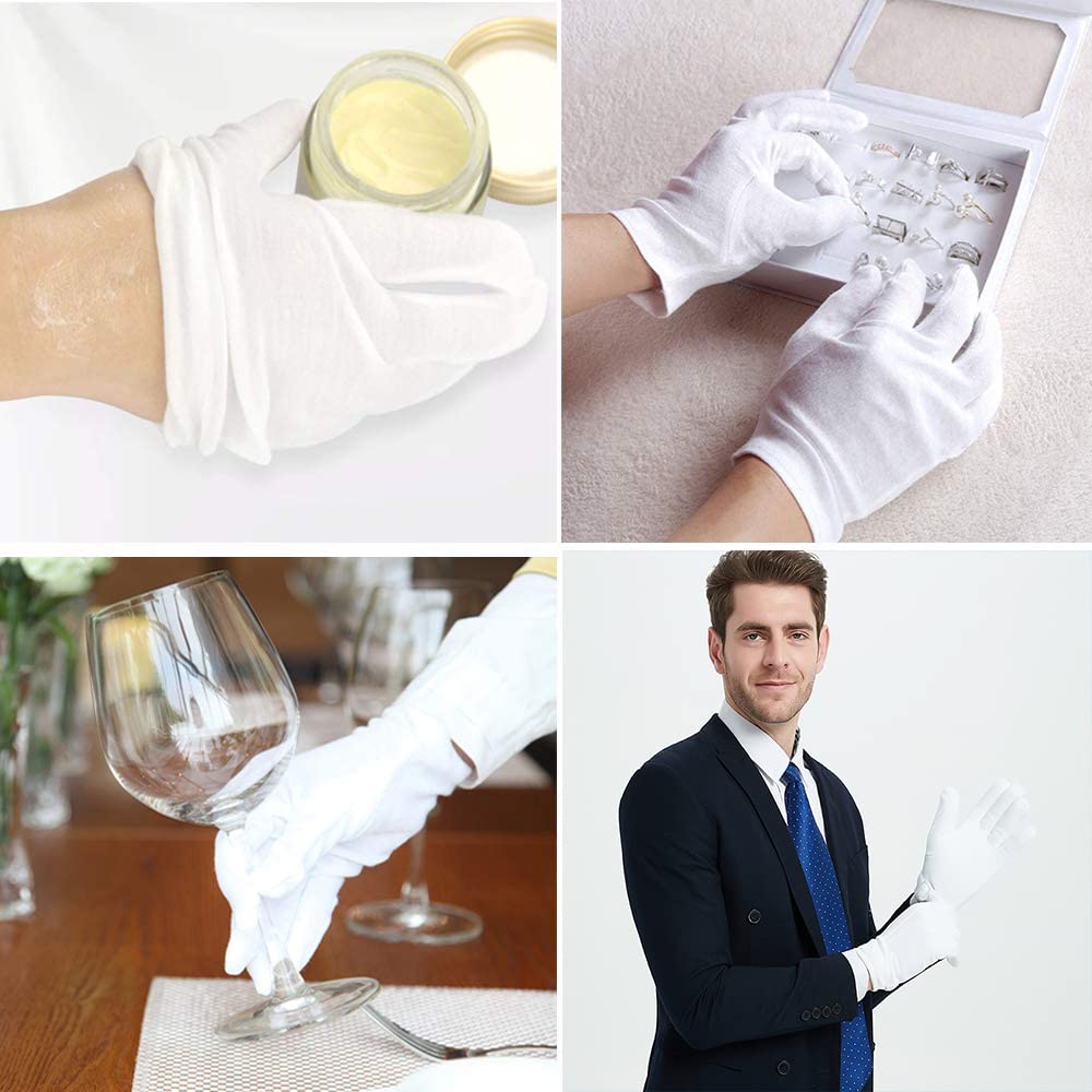 24 Pcs (12 Pair) White Cotton Gloves for Dry Hand Moisturizing, Cosmetic Eczema Hand Spa, Coin Jewelry Inspection, Checking and Serving - Stretchable Lining
