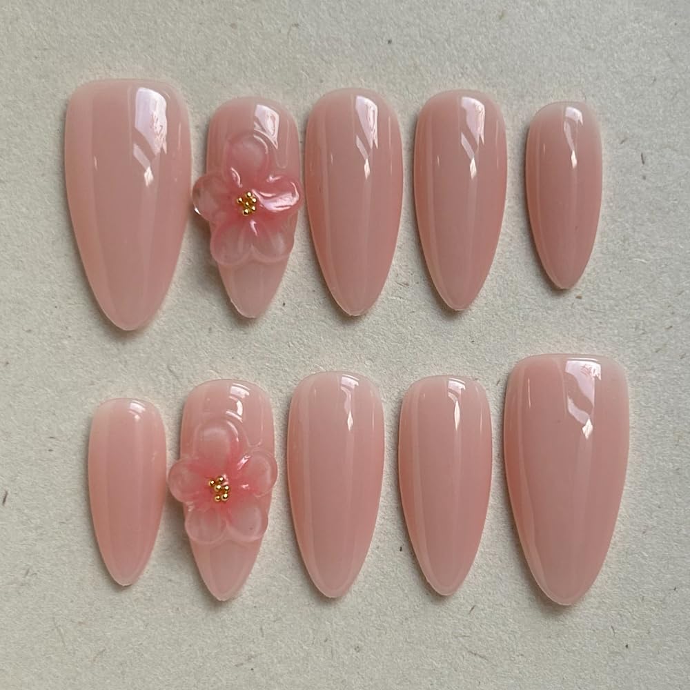 Press On Almond Nails - Handmade 3D Design, Thick Acrylic Gel | Reusable DIY Artificial Nails for Women (10 Pieces)