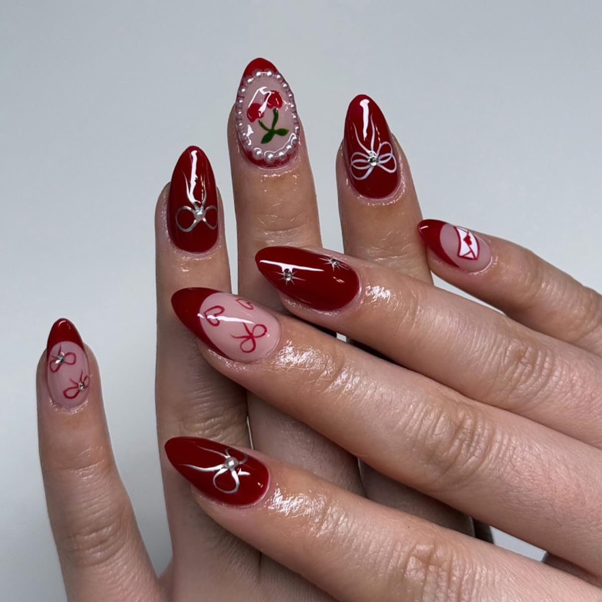 Almond Yellow French Tip Press-On Nails - Ladybug & Green Leaves Design | Reusable Full Cover 24 Pcs for Spring/Summer Manicure