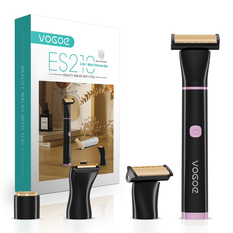 VOGOE Bikini Trimmer for Women, 3-in-1 Electric Razors for Women, Cordless Compact Waterproof Pubic Hair Trimmer for Body, Face & Bikini Area (Black)