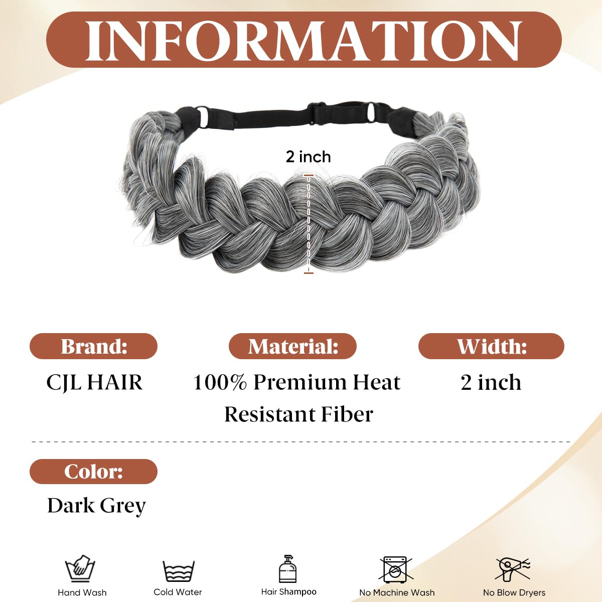Wide Elastic Braided Headbands for Women - Adjustable Synthetic Hair Hairpiece | Dark Grey