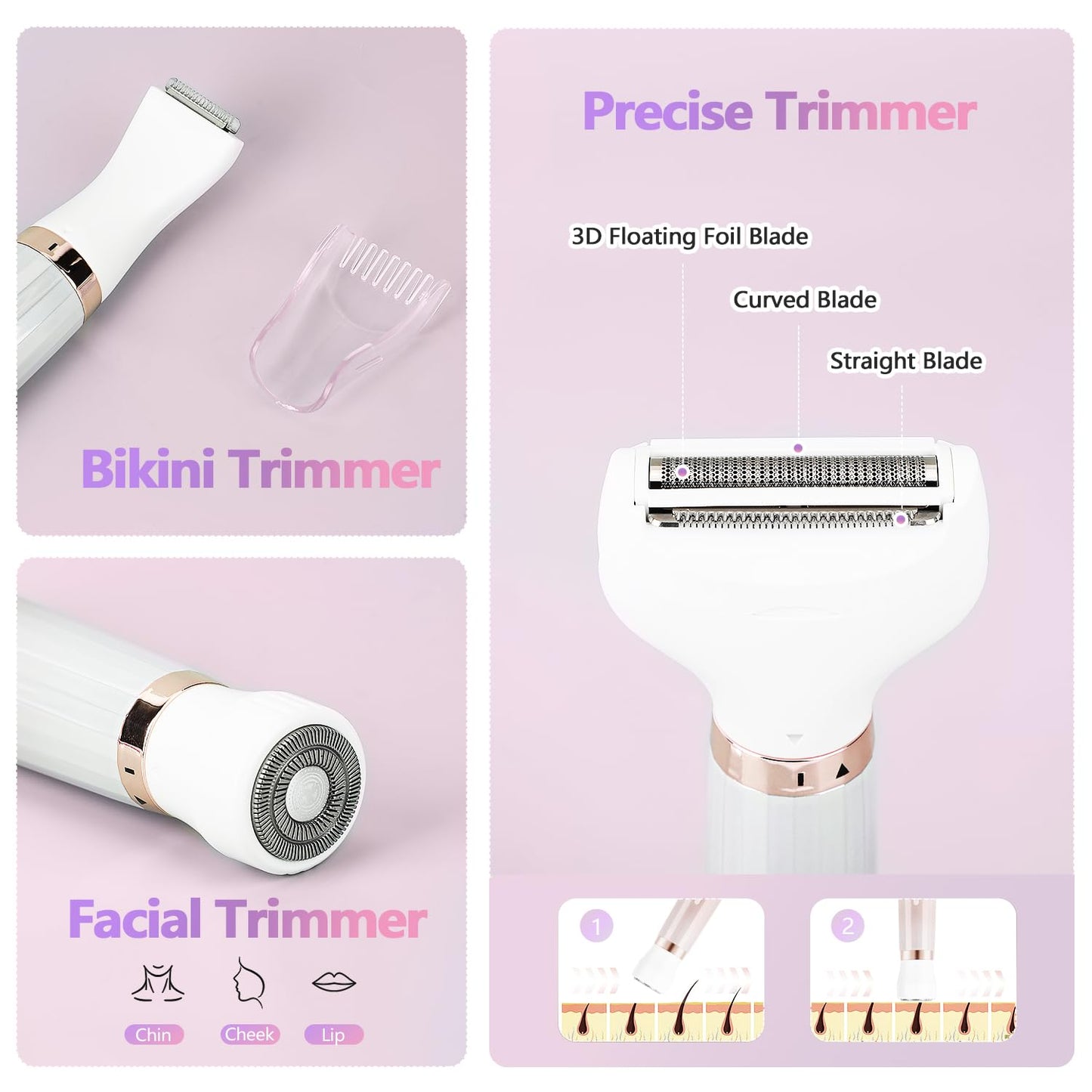 Electric Razor for Women, Bikini Trimmer 5 in 1 Electric Shavers Razors IPX6 Waterproof Wet/Dry Body Shaver for Face Nose Eyebrow Arms Armpit Legs Pubic Area Painless Replaceable Facial Hair Removal