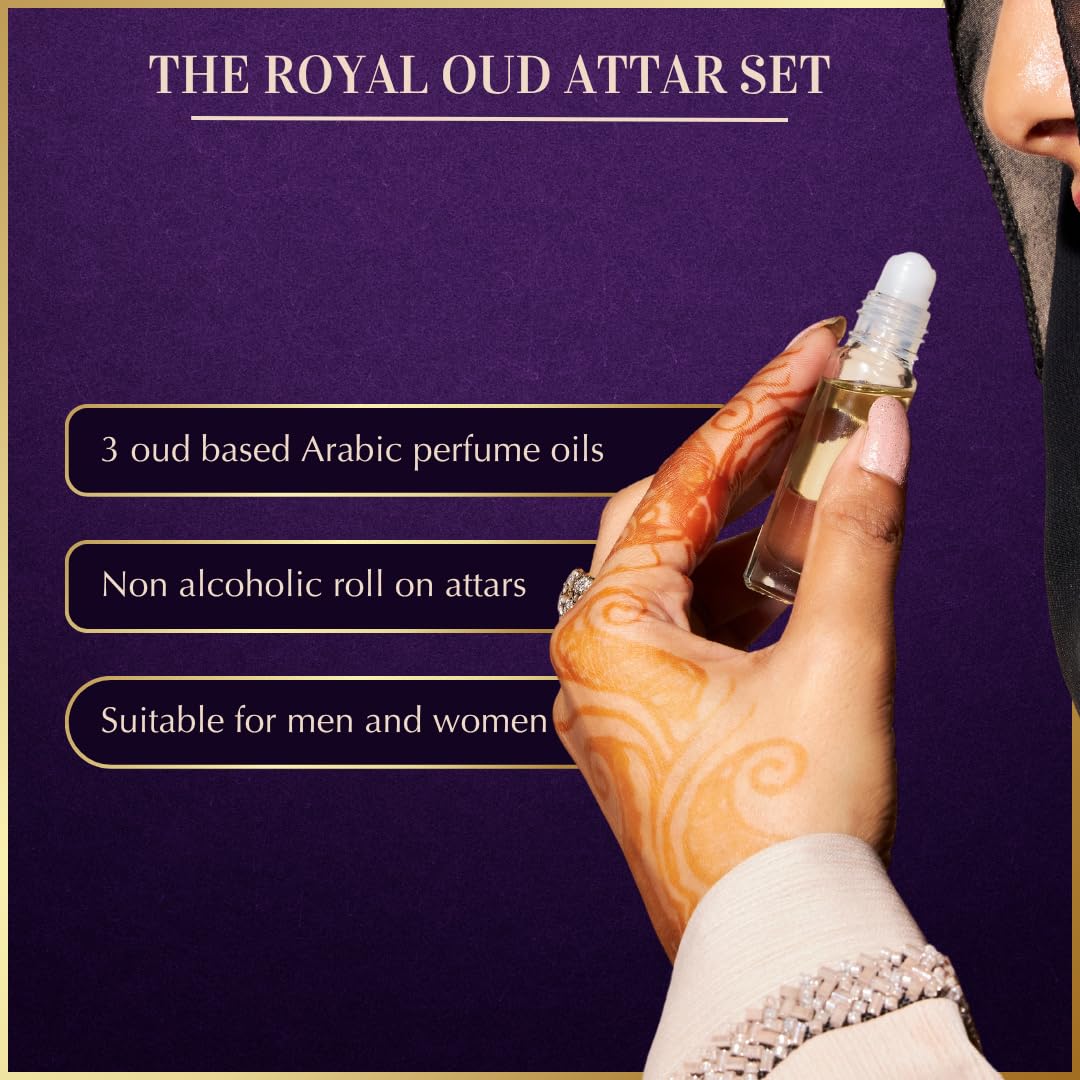 Royal Oud Attar Oil Set - Pure Oudh Fragrance Gift Set for Eid & Ramadan | 3 Mini Roll-On Perfumes x 6ml