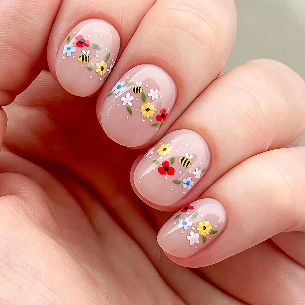 Summer Press-On Nails - Short Square Fake Nails with Sunset Coconut Trees Design | 24 Pcs Glossy Blue French Tips, Reusable Manicure
