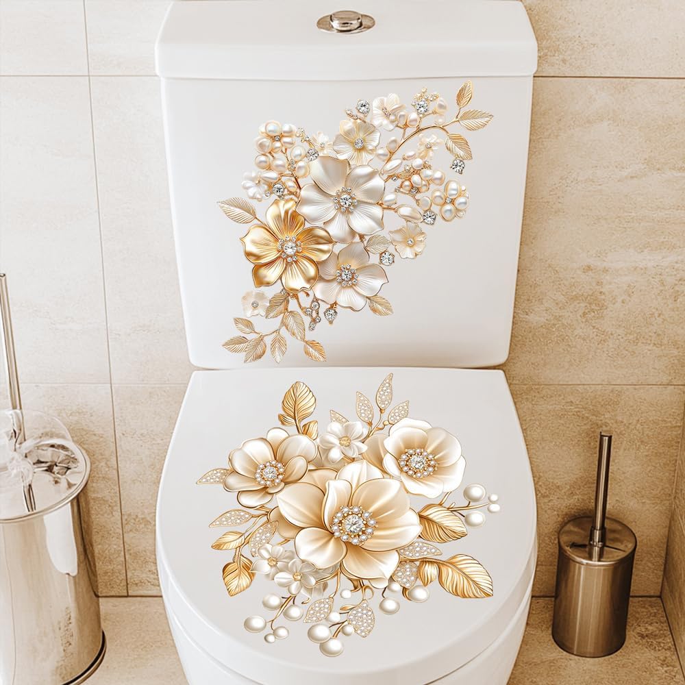 Golden Peony Flowers Toilet Cover Sticker Decals - Self-Adhesive Bathroom Wall Decor | Easy to Apply