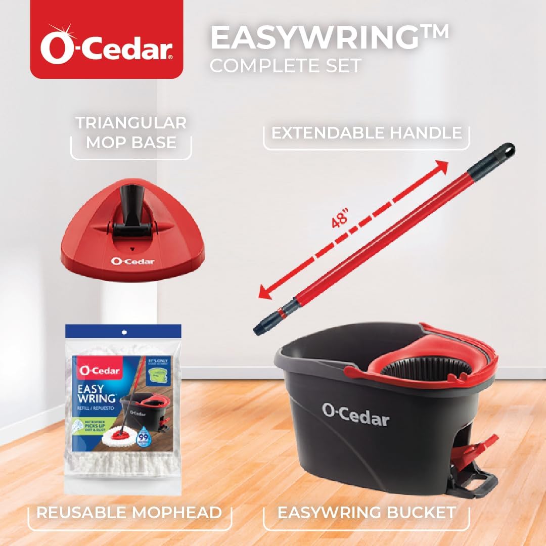 O-Cedar Microfiber Spin Mop System - EasyWring Floor Cleaning Bucket | Red & Gray Standard Size