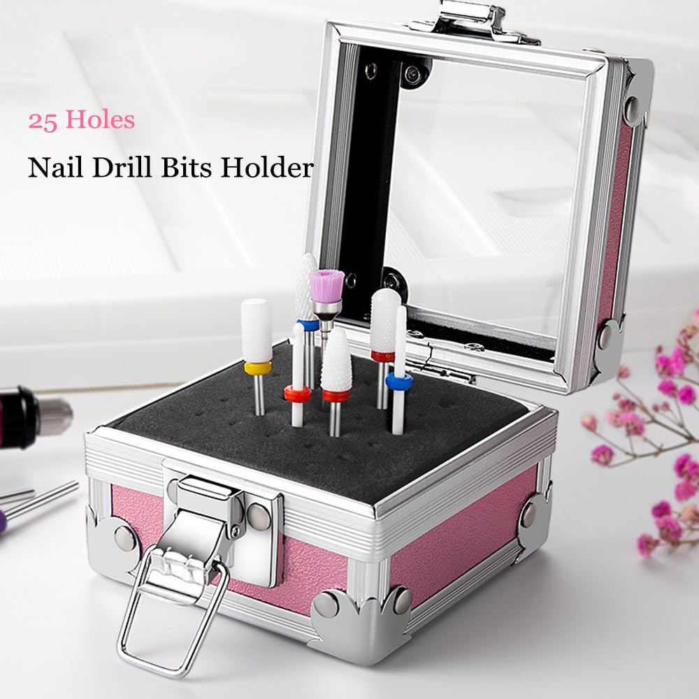 KACHIMOO Nail Drill Bit Holder,25 Holes Nail Art Polishing Grinding Drill Bit Holder Organizer Container Professional Nail Art Tool,Pink
