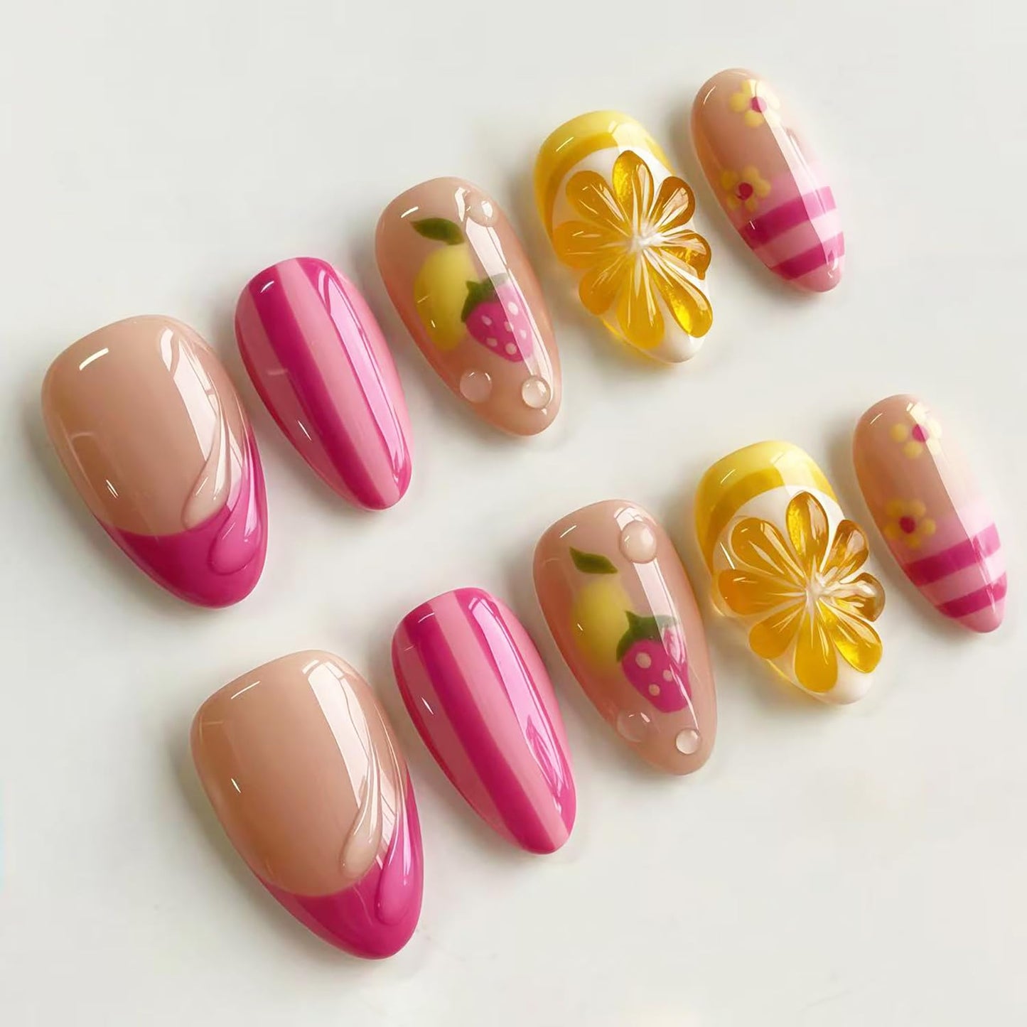 30Pcs Summer Press-On Nails - Medium Almond Shape with 3D Starfish & Seashell Designs | Ocean Pearl French Tip Full Cover