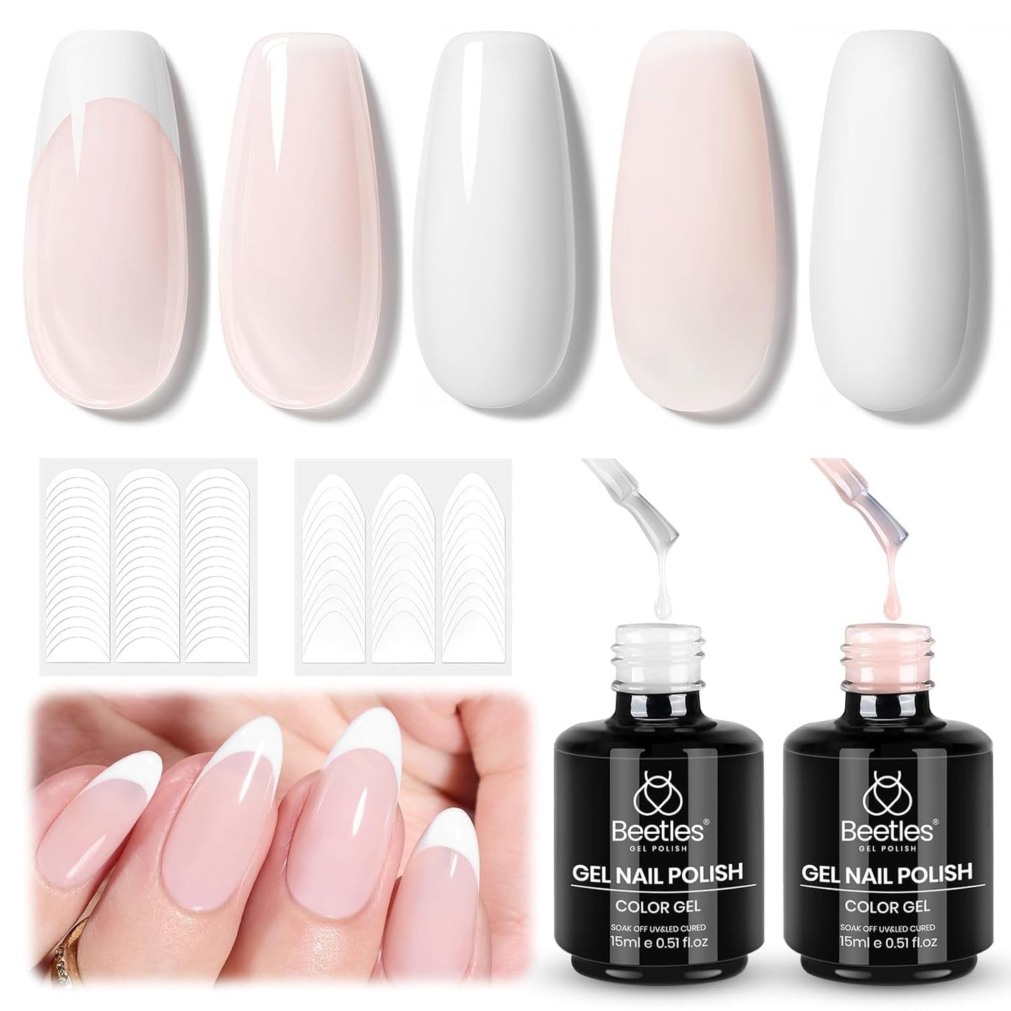 Beetles French Tip Gel Polish Set - White Nude Pink French Manicure Kit with 2 Nail Art Sticker, Soak Off UV LED for DIY Home & Salon Gift for Women
