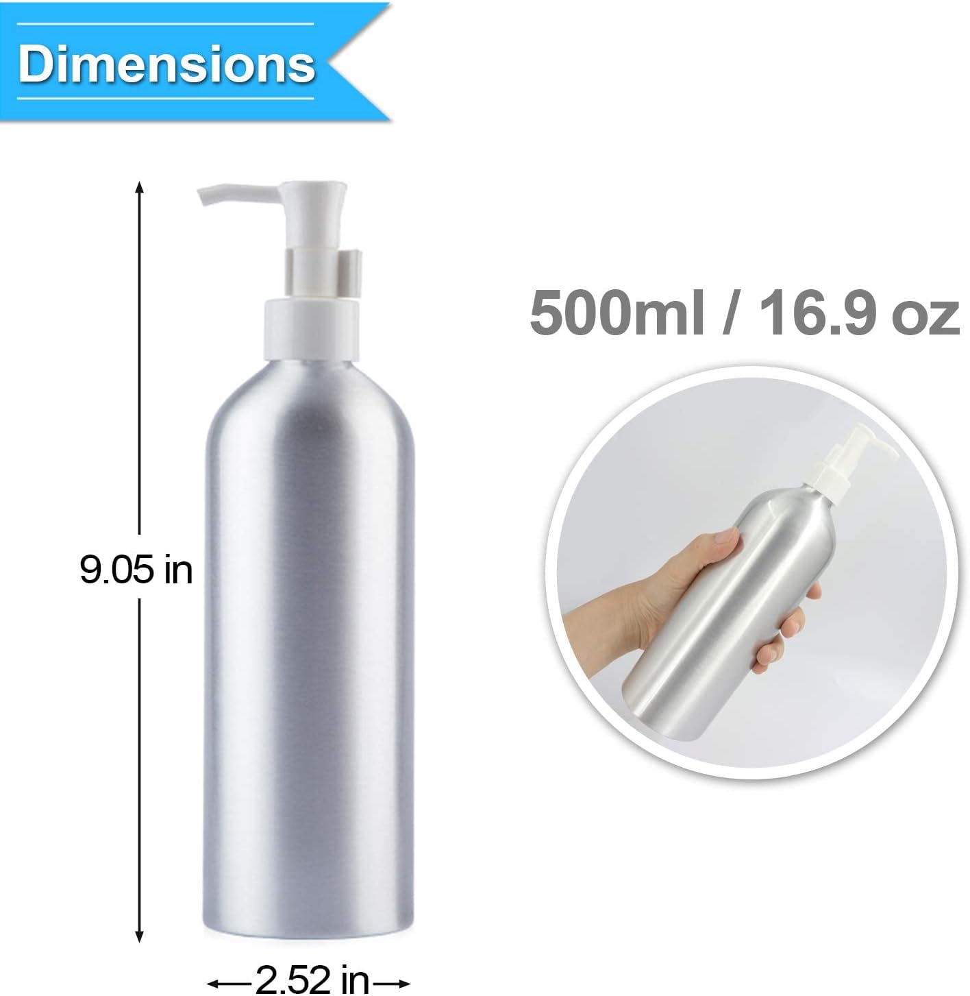Aluminum Pump Bottles - 500ml Refillable Lotion Dispenser | Metal Soap & Shampoo Bottle Set (2 Pack)
