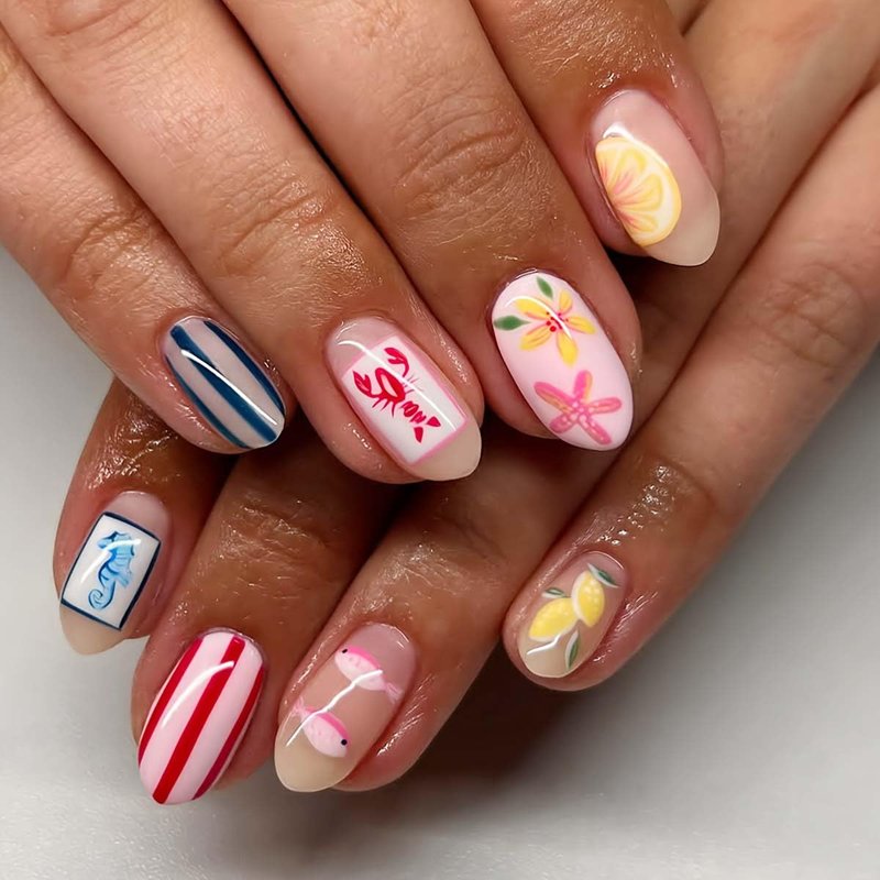 Summer Press-On Nails - Short Oval Fake Nails with Lemon Flower & Seahorse Design | Reusable 24 Pcs for Easy Application