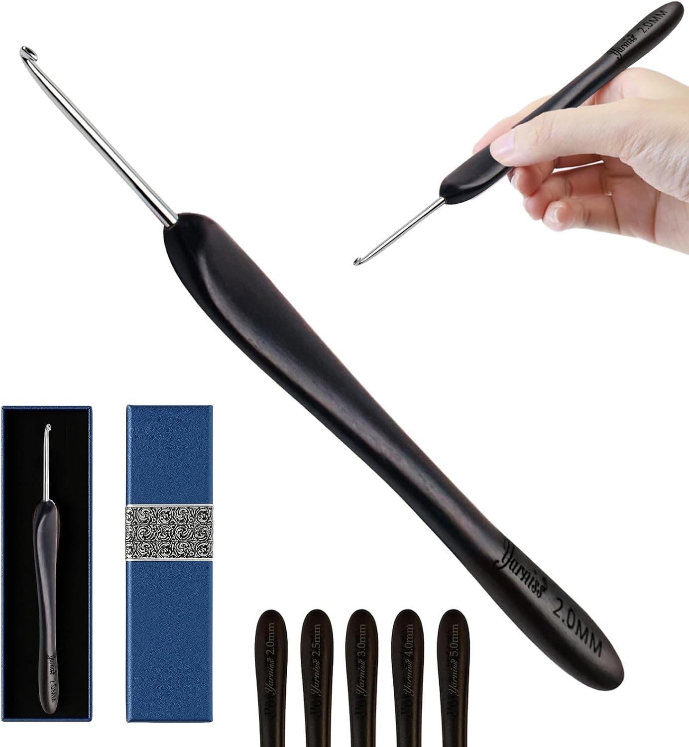 Artisan Stainless Steel Crochet Hooks Set - 2.0-4.0mm Handmade Needles with Ebony Handle for Beginners | Perfect Gift for Crocheters