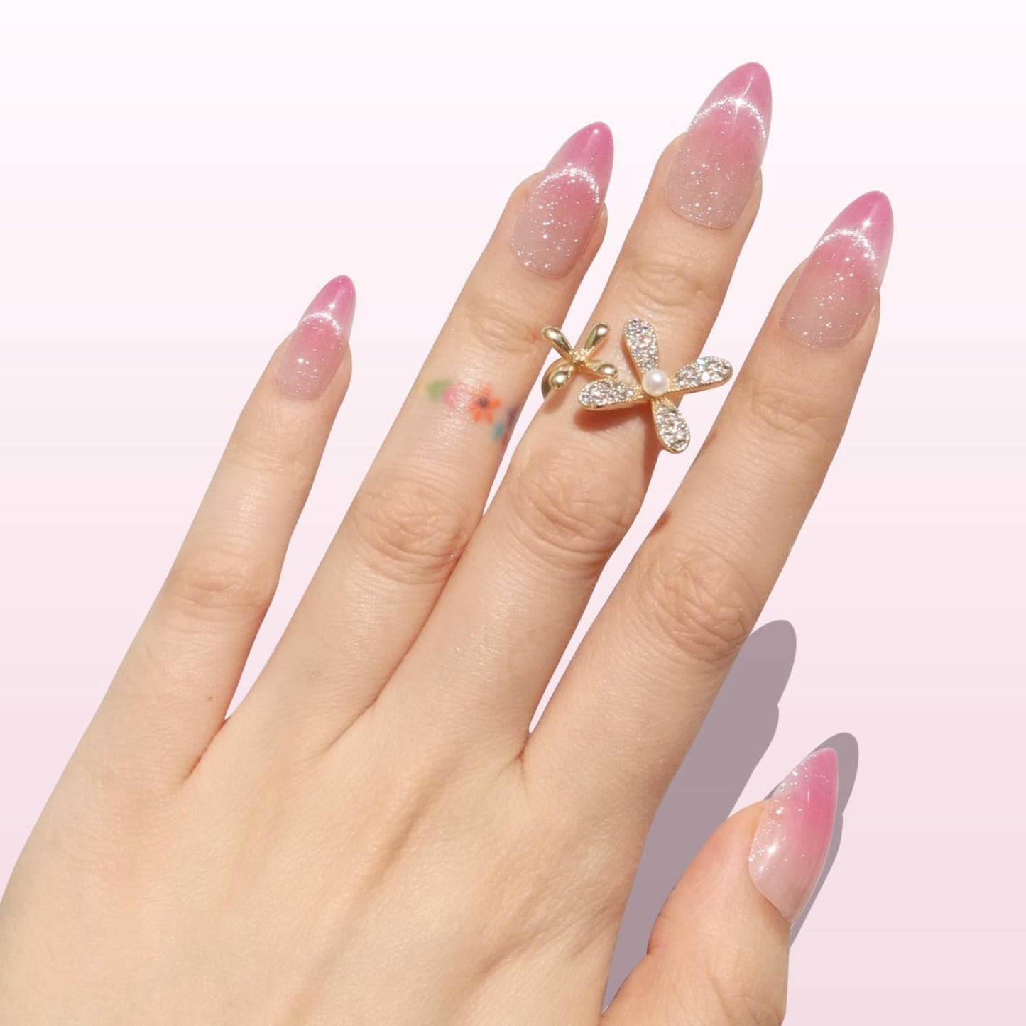 Press On Nails - Ombre Pink Velvet Shimmer Medium Almond | 30 Pcs Reusable Stick-On Kit with Glossy Finish & Glue