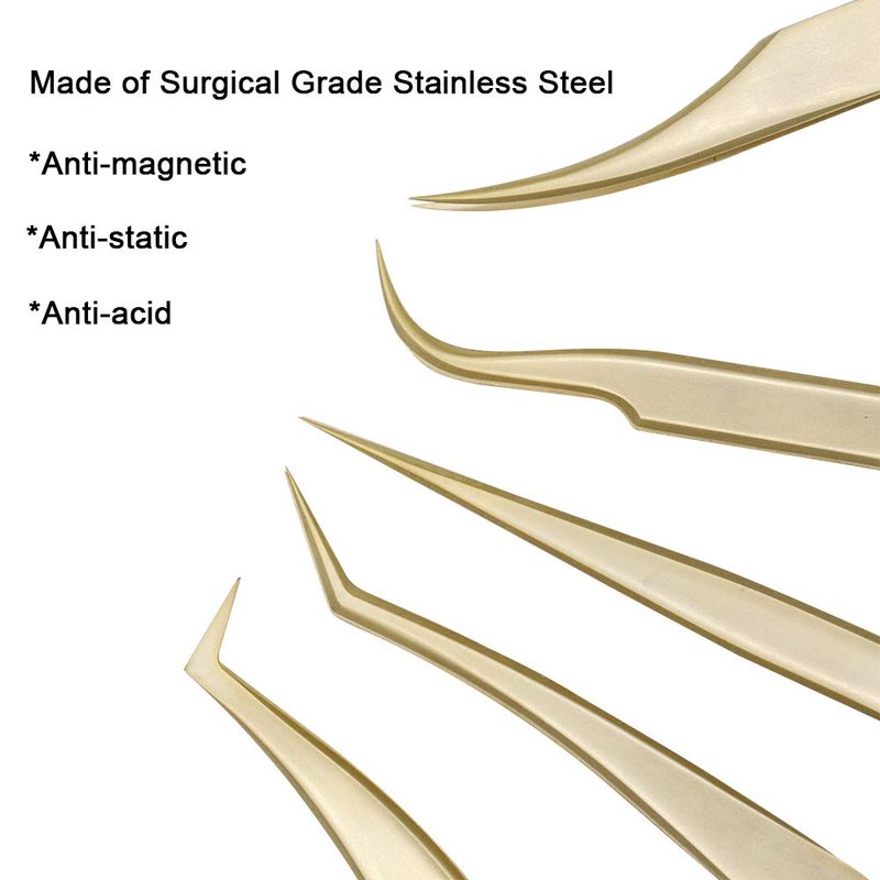 Ms.Queen Eyelash Extension Tweezers-Precision Tweezers for 2D-6D Volume&Individual False Lashes Extensions-Golden-5pcs Tweezers Set