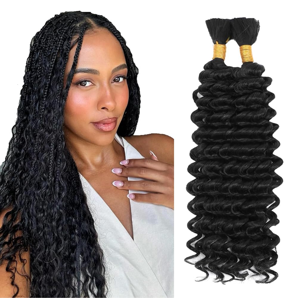 1B Boho Hair For Braiding Black Human Braiding Hair Pre Stretched Color 1B Deep Curly Wave Braids Natural Black Bulk Bohemian Braids HuxoWax 100g 24 24 Inch