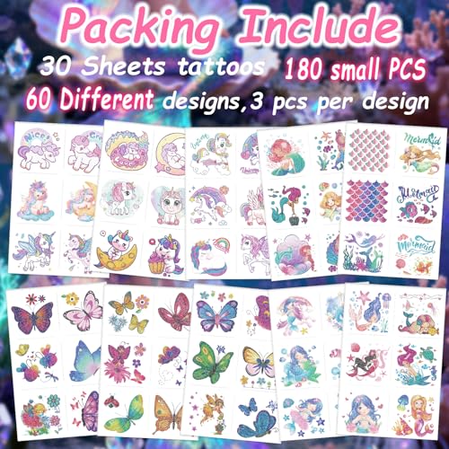 Glitter Temporary Tattoos for Kids - 180 Mermaid & Unicorn Designs