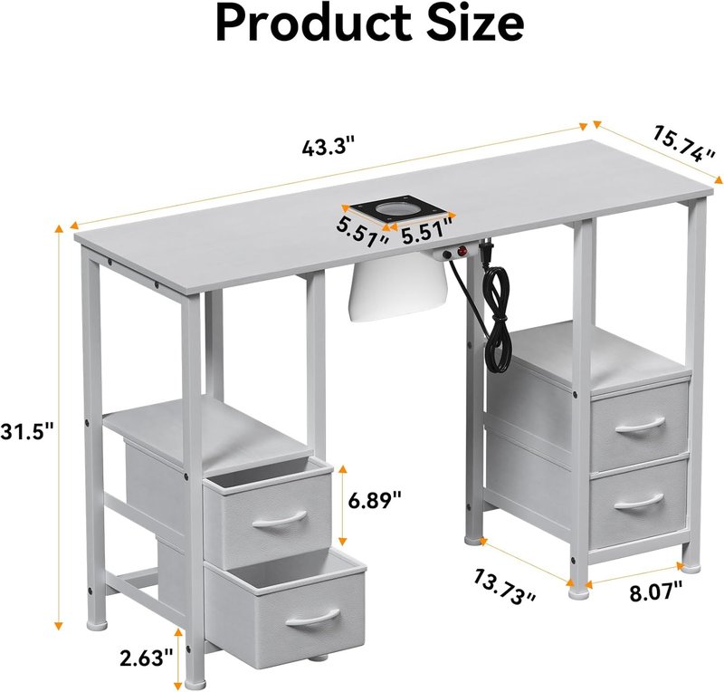 Manicure Table for Nail Tech - Professional Nail Station with 4 Storage Drawers & Dust Collector | White