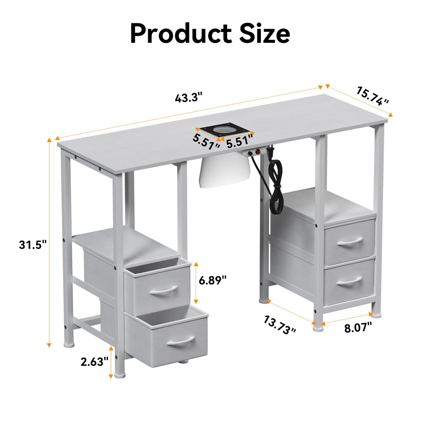 WODRAWER Manicure Table for Nail Tech, Nail Tech Table Station w/4 Storage Drawers & 2 Open Shelves, Nail Table w/Dust Collector for Beauty Salon Tech Station (White)