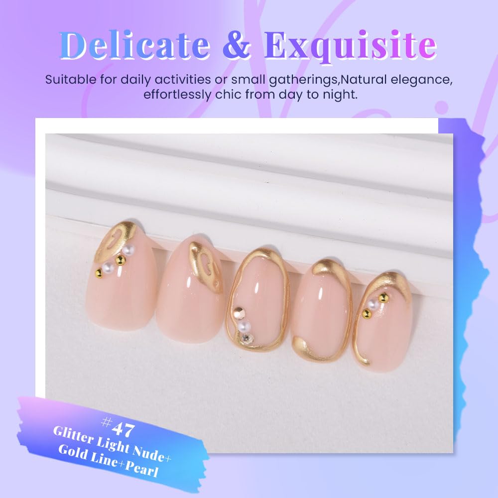 3D Gold Line French Tip Press-On Nails - Short Almond Glitter Light Nude | Handmade Acrylic Nails with 3D Pearl Designs