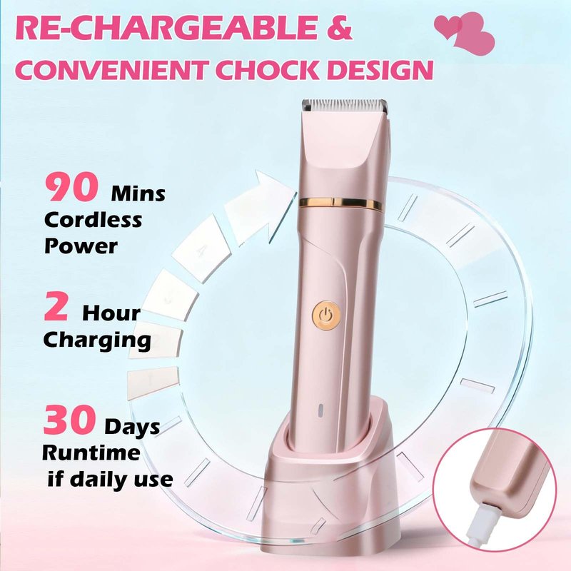 VEGITERIA Bikini Trimmer for Women 2 in 1 Electric Razors Shaver Facial Hair Removal for Women Pubic, Armpit, Face &Precision Areas, IPX7 Waterproof,Rechargeable Dock, Rose Golden