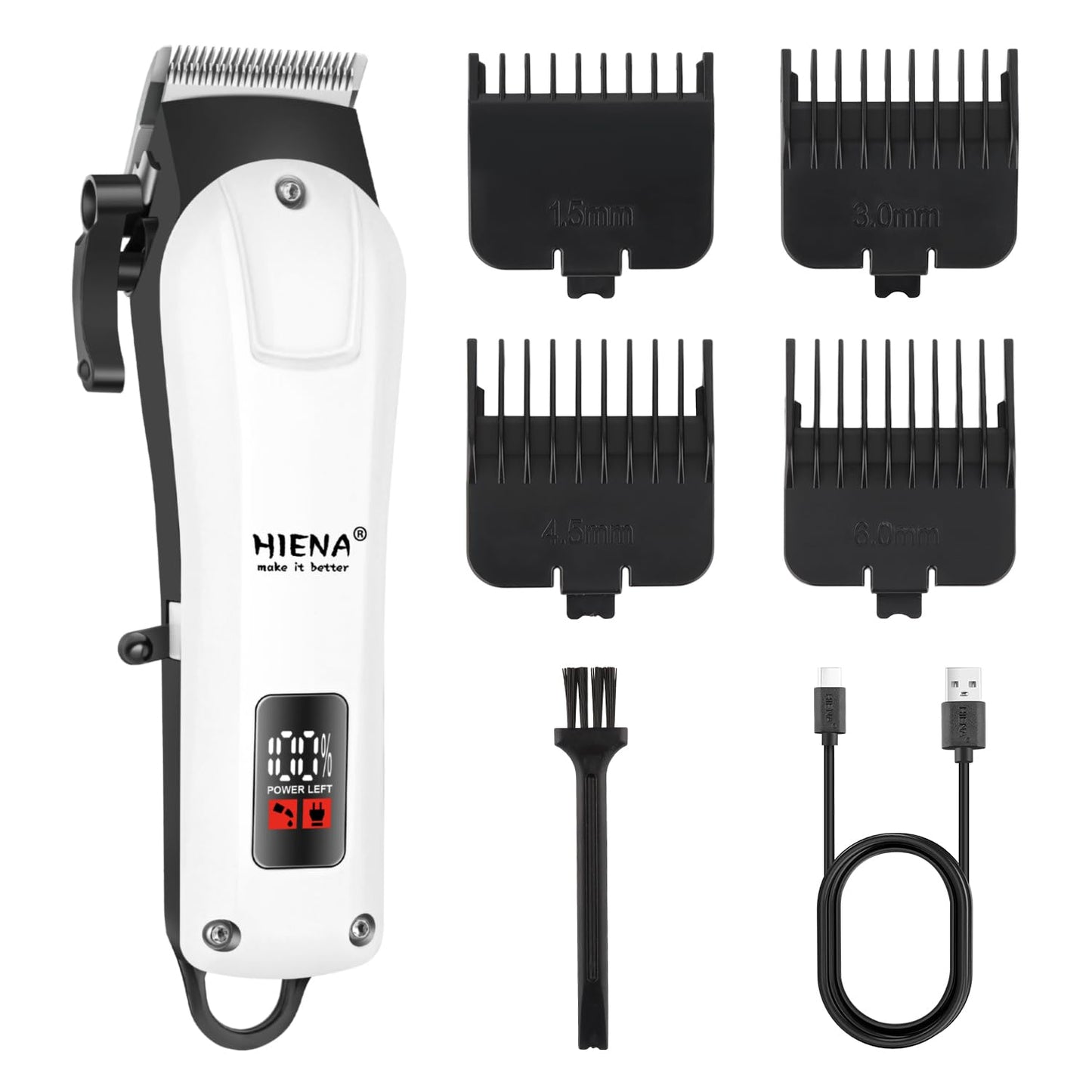 HIENA PRO Electric Hair Clipper & Trimmer for Men, Professional Cordless Barber Clipper with LED Display, Rechargeable Hair-Cutting Clippers, Perfect Gifts for Men(White)