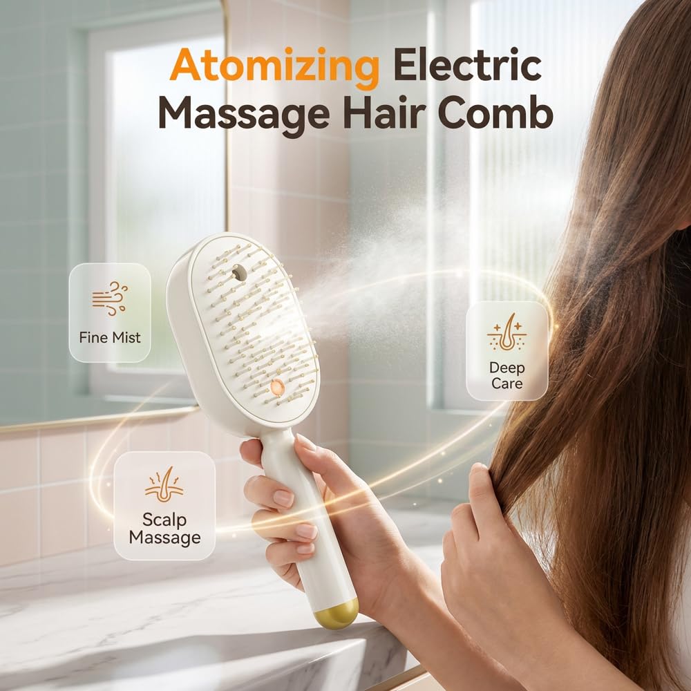 Electric Spray air Cushion Massage Comb, 3-in-1 Electric Mist Spray Hair Brush, Retractable Hairs Massage Brush for Frizzy Hair & Scalp Care, Relieve Hair Tangles & Dryness (Purple)