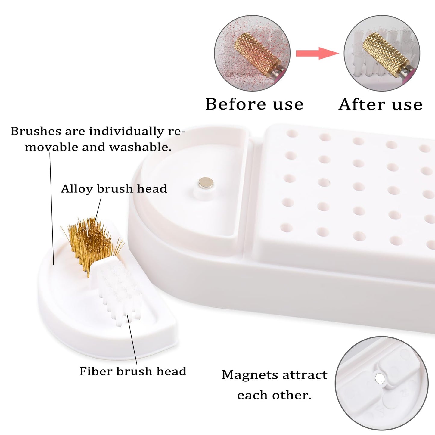 Nail Drill Bits Holder 2 in 1 Nail Drill Bits Cleaning Brush Case, 30 Holes Dustproof Acrylic Nail Drill Holder Storage Box, Nail Drill Bit Holder Stand Displayer Organizer for Home Salon Use (White)