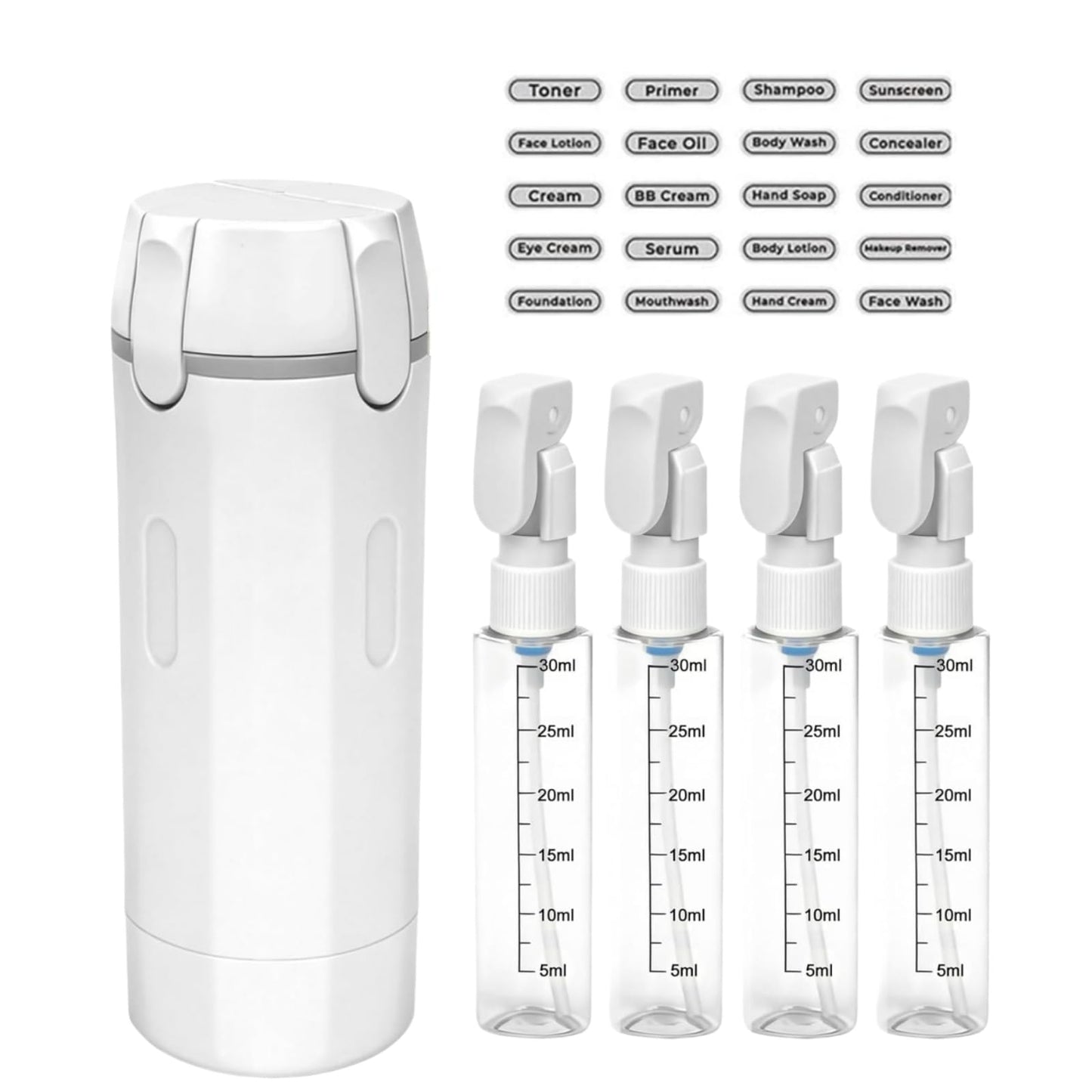 4 in 1 Travel Dispenser, 4 Pack 30ML Travel Bottles for Toiletries, Leak Proof Travel Size Containers, Portable for Shampoo Lotion Conditioner Cream (White)