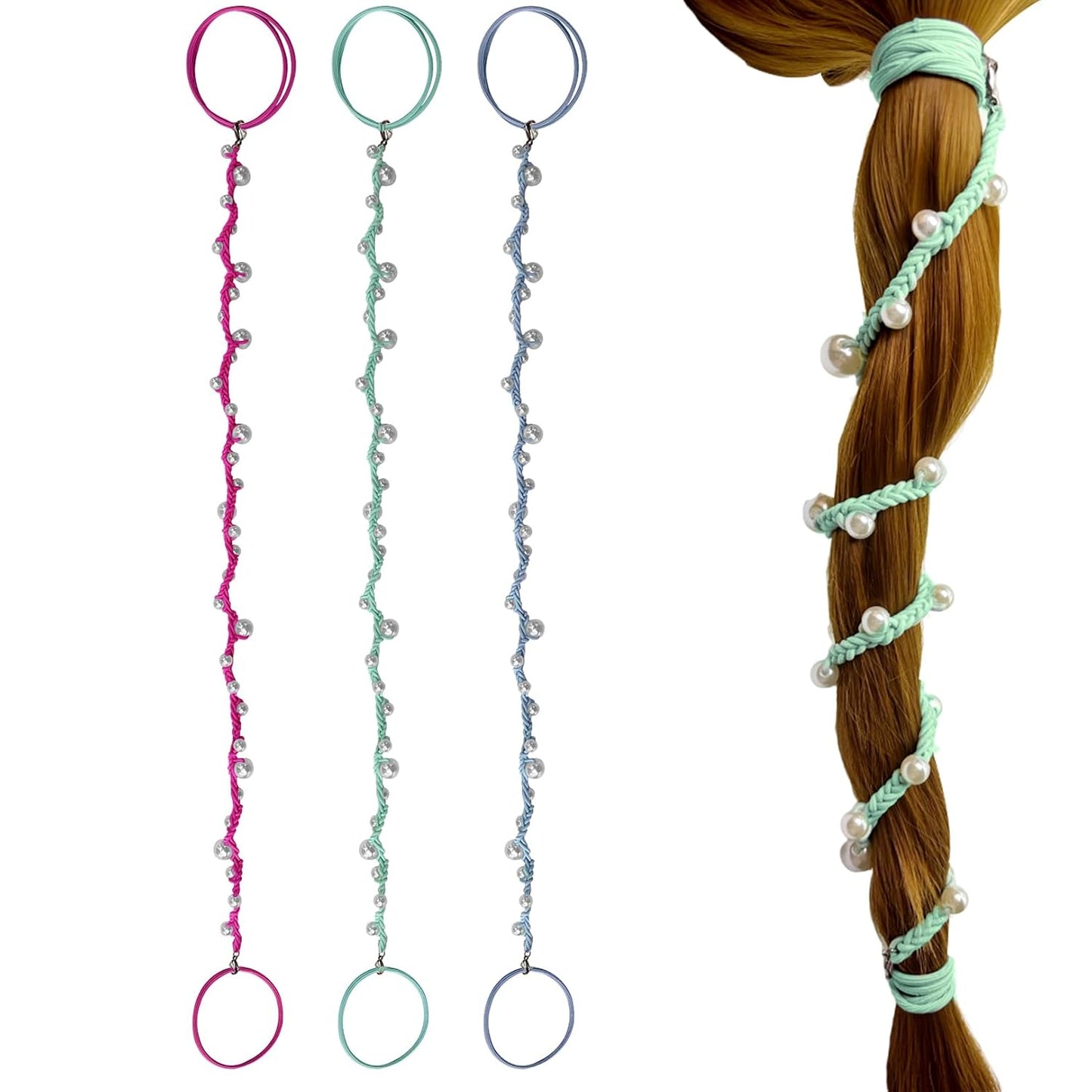Pearl Hair Ties for Women - Hand-Braided Sport Ponytail Holders | Tangle-Free 16” Wraps in Hot Pink, Blue & Green (3 Pack)