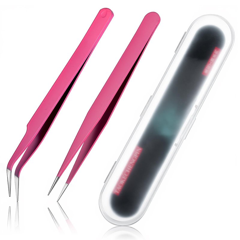 Sticker Tweezers, 2 Pcs Stainless Steel Craft Tweezers Straight and Curved Tip Lash Tweezers for Jewelry Making, Eyelash, Cardmaking, Precision Electronics, Scrapbooking Tools (Rose Red)
