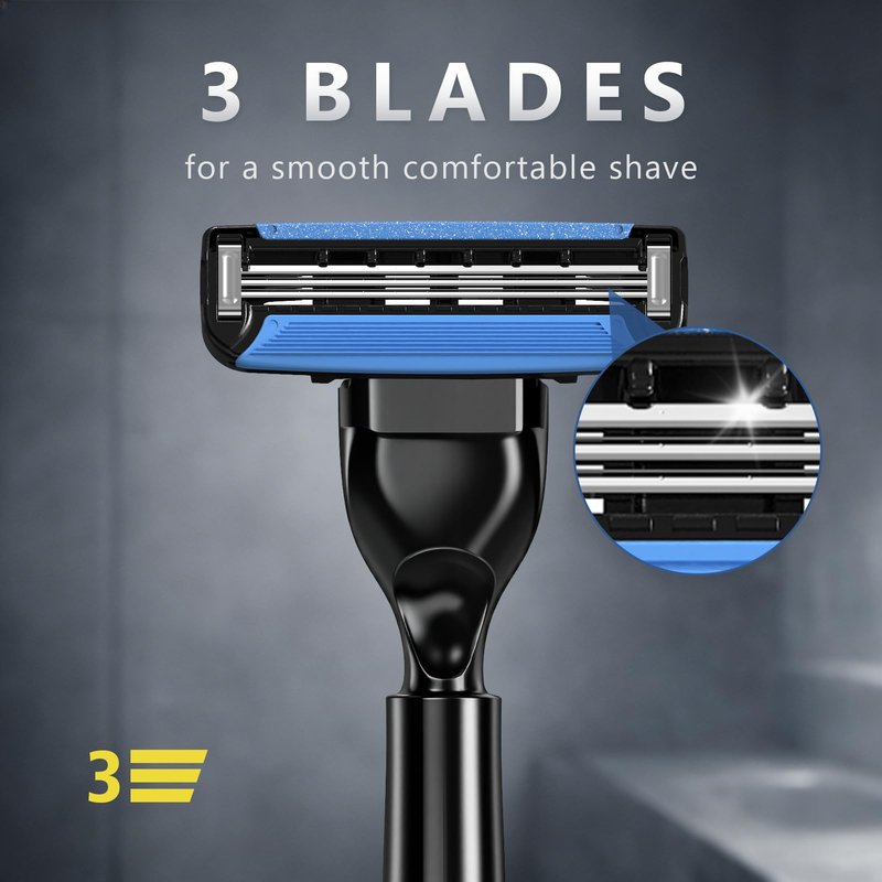 FYNEDGE Men's Razor Blade Refills, 12 Count, 3-Layer Ceramic Coated Blades with Lubricating Strip, Matching Handle, Wall Hook & Cleaning Brush Included for Smooth Shaving