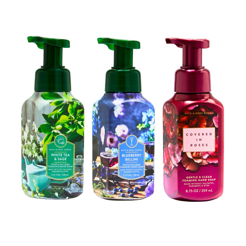 Gentle & Clean Foaming Hand Soap Bundle - White Tea & Sage, Blueberry Bellini, Covered in Roses | 8.75 fl oz Each - Fresh Fruity & Floral Scents