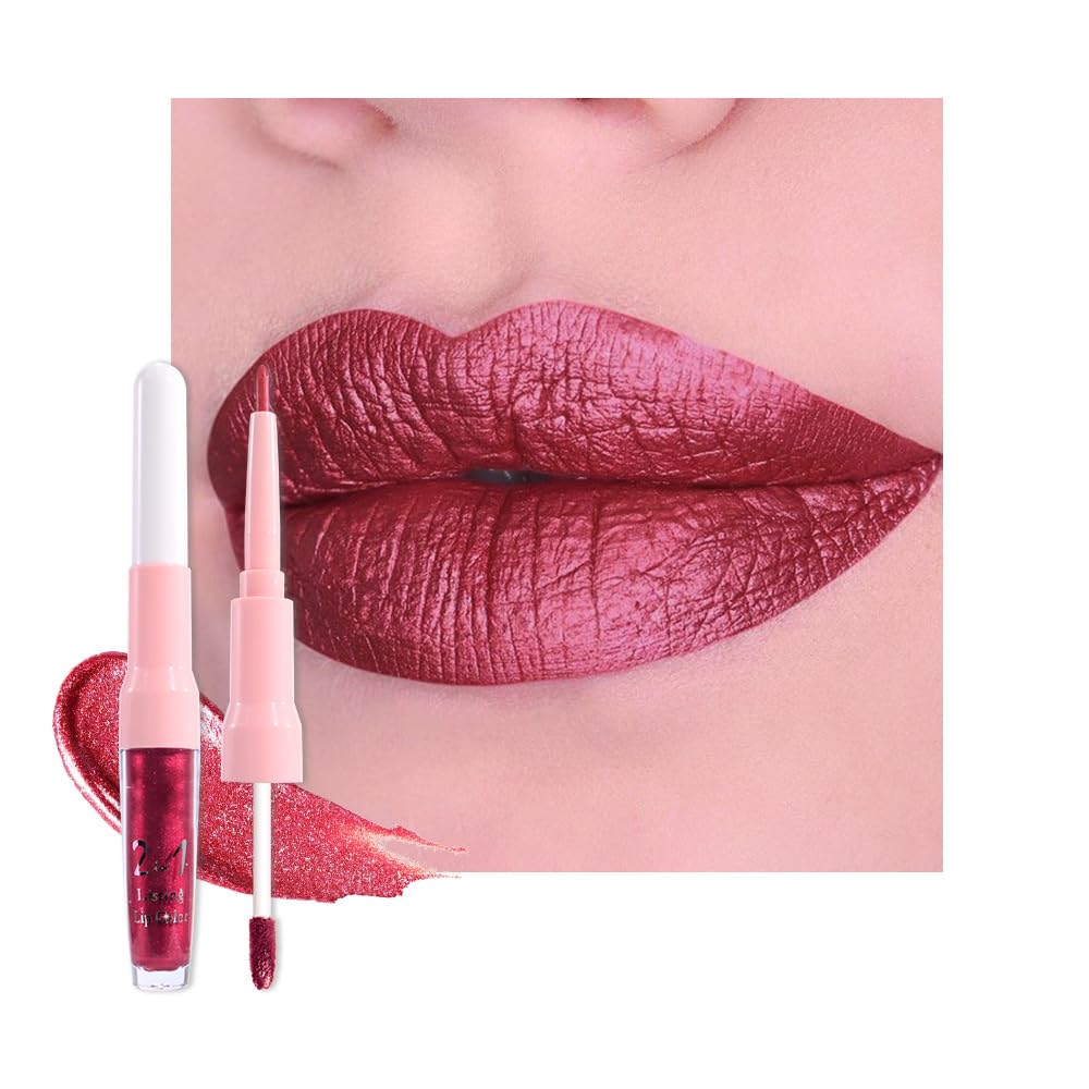 Dark Purple Red Metallic Glitter Lip Liner & Lipstick Combo - Long Lasting Waterproof Liquid Lipstick Set for Women | Iridescent Shine, Non-Stick Cup