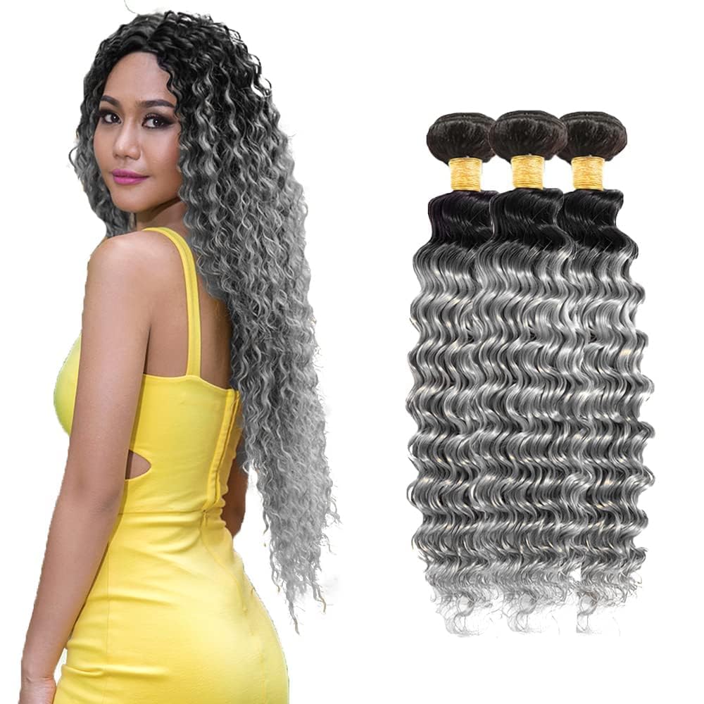Ombre Human Hair Bundles Grey Deep Wave Bundle Brazilian Virgin Hair 3 Bundles 30 32 34 Inch 1b/grey Bundle Hair Extensions 300g