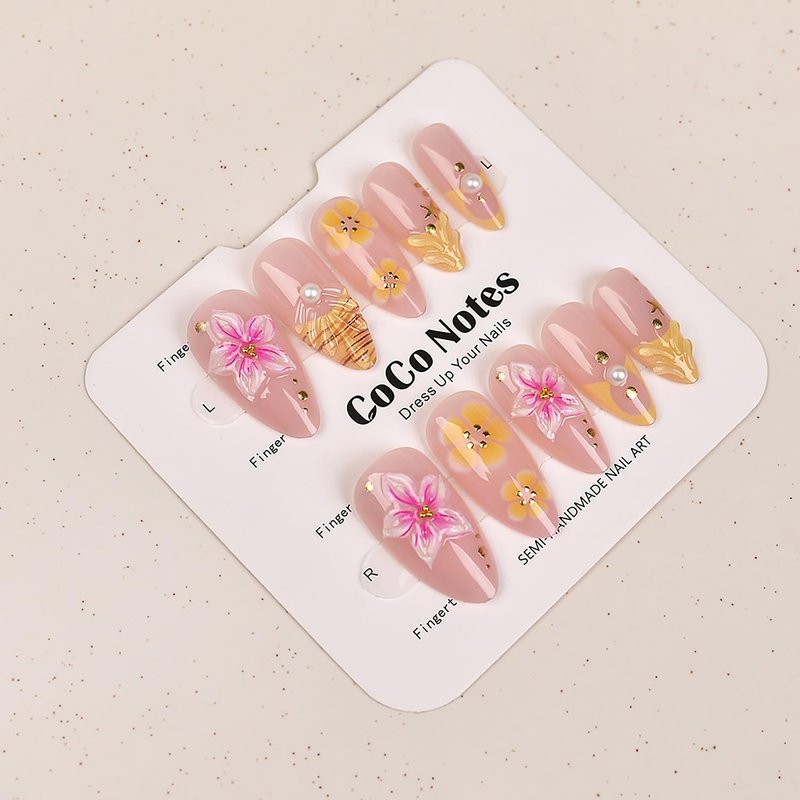 Summer Flower Press-On Nails - Medium Almond Fake Nails with 3D Designs | Pink & Yellow Acrylic Full Cover Set for DIY Nail Art
