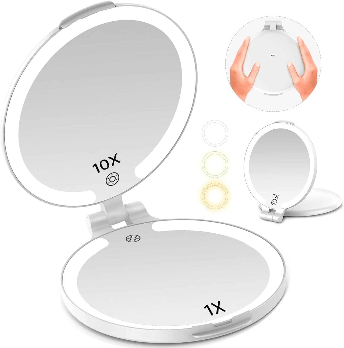 Travel Mirror with Light - 1X/10X Rechargeable Makeup Mirror | 7'' Double-Sided, 3 Color Lighting Modes, Portable Vanity - Black