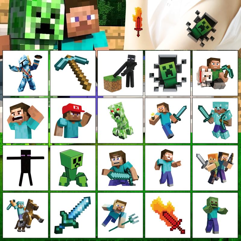 Game Theme Temporary Tattoos - 20 Pcs Pixel Cartoon Stickers for Parties & Rewards | Fun Kids' Favors