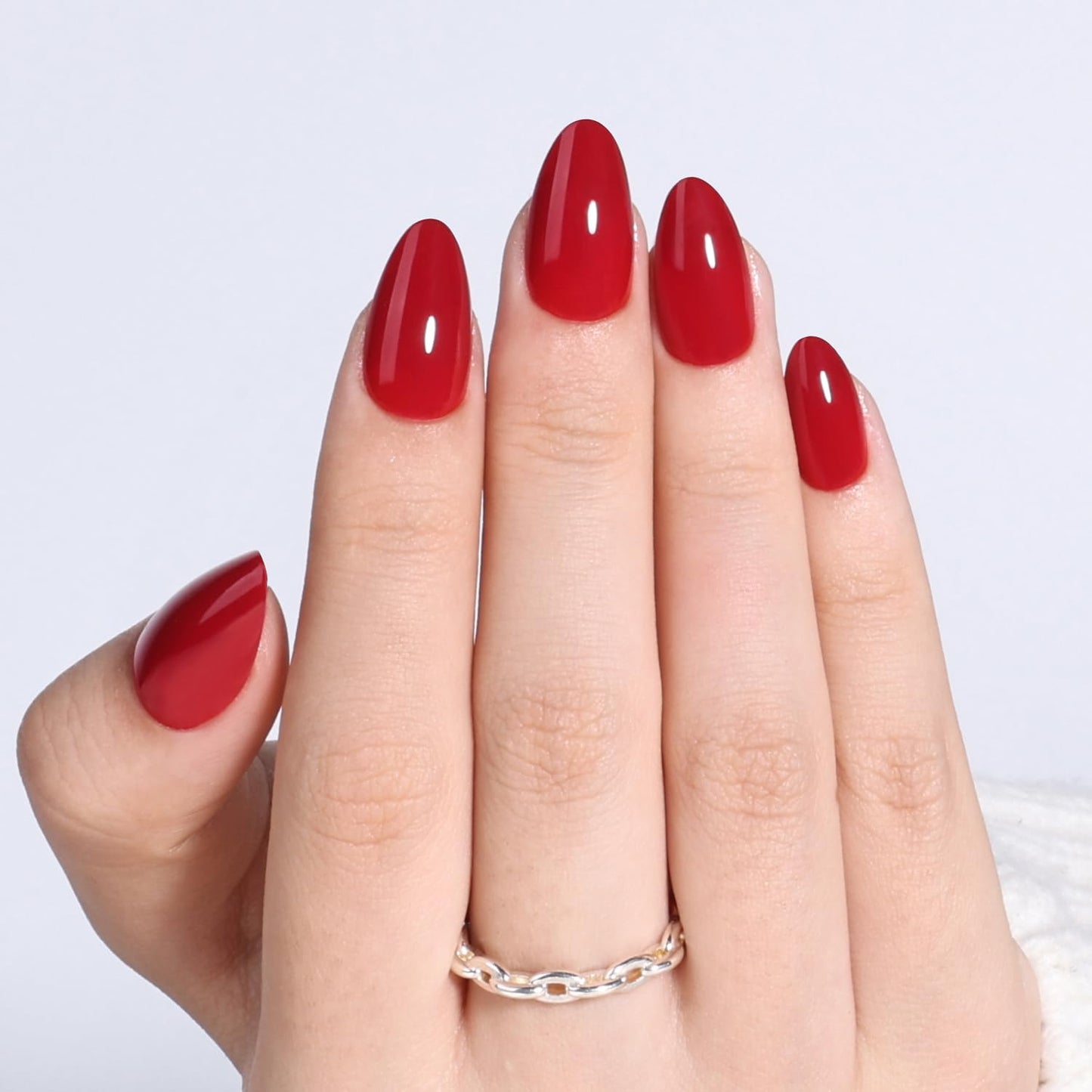 French Tip Press On Nails - Glossy Pink Almond Reusable Fake Nails | 32 Pieces in 16 Sizes with Glue