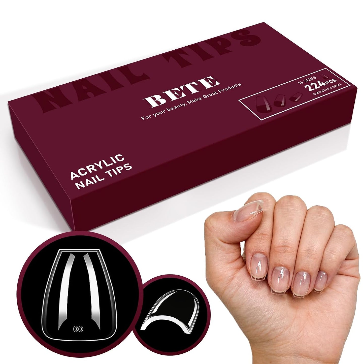Medium Almond Clear Acrylic Nail Tips - 224 Pcs in 16 Sizes | Pre-Shaped Strong Press-On Nails for DIY Manicure