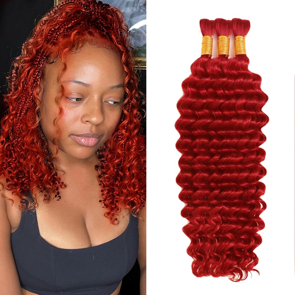 Red Human Braiding Hair for Boho Braids 150g 16 inch Deep Wave Boho Bulk Human Hair for Braiding No Weft Deep Curly 3 Bundles 50Gram/Bundle