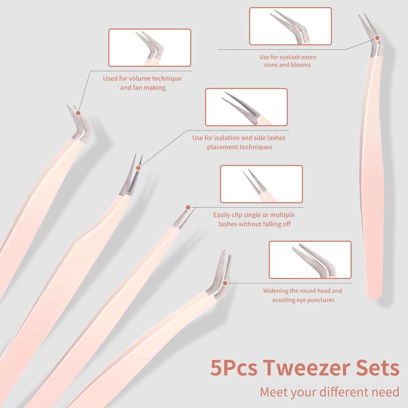 Rnodoilkfly 5 Pcs Lash Extension Tweezers, Lash Tweezers for Eyelash Extension, Straight and Curved Eyelash Tweezers, For Professional Eyelash Extension Artists, Girls, Women, Beginners