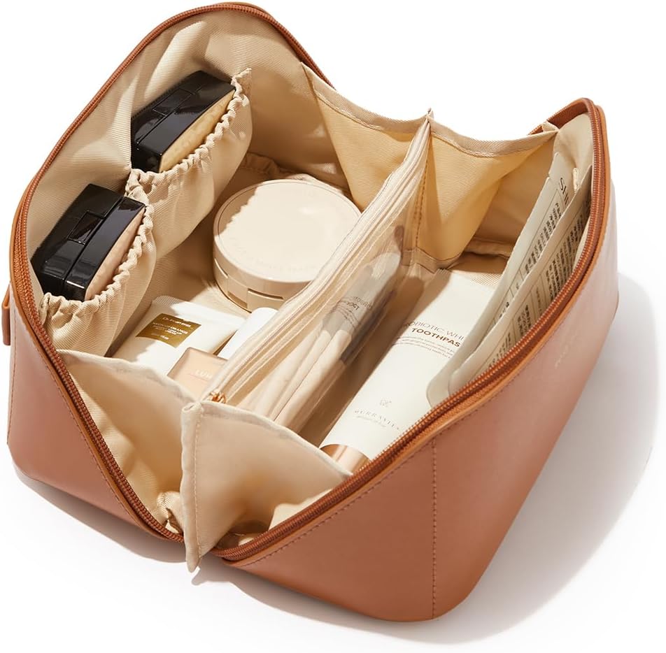 Travel Makeup Bag - Large Capacity Waterproof PU Leather Cosmetic Organizer | Flat Open Design for Skincare & Brushes