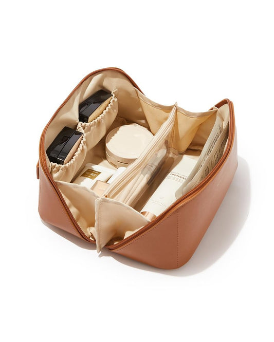 EACHY Travel Makeup Bag,Large Capacity Cosmetic Bags for Women,Waterproof Portable Pouch Open Flat Toiletry Bag Make up Bag with Divider and Handle, Gifts for Women (Brown, Medium)