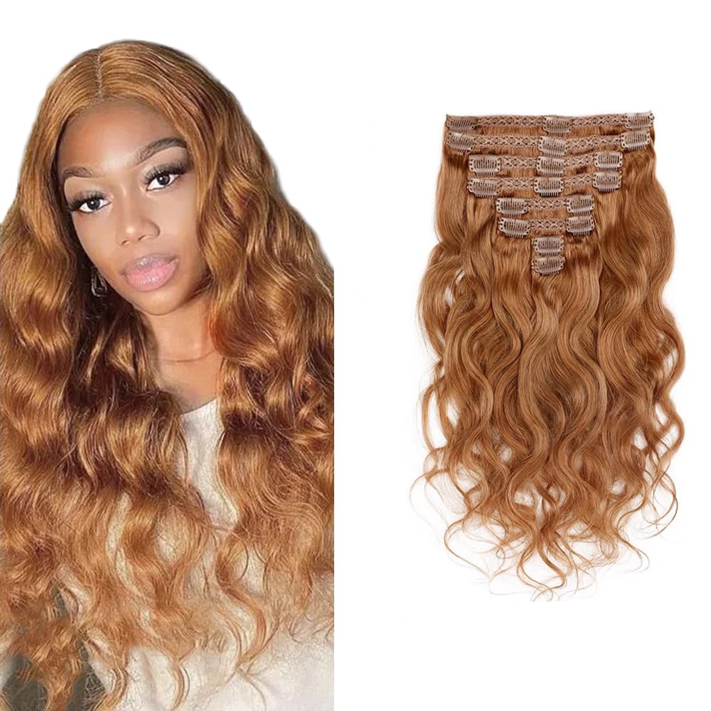 #30 Brown Clip in Hair Extensions Real Human Hair, 20 Inch 120g/7Pcs,Full Shine Remy Human Hair,Light Brown Body Wave Clip ins Brazilian Virgin Human Hair Extensions