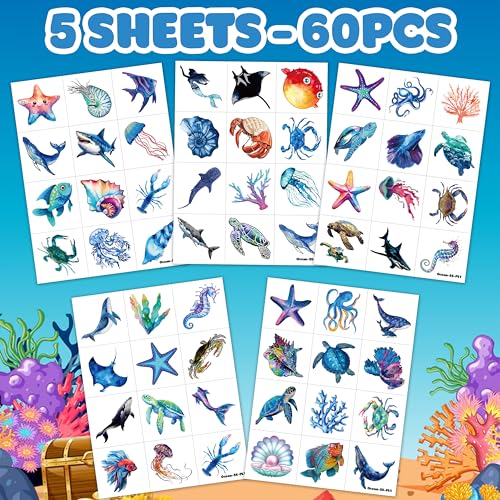 60 Ocean-Themed Temporary Tattoos for Kids - Shark, Turtle & Whale