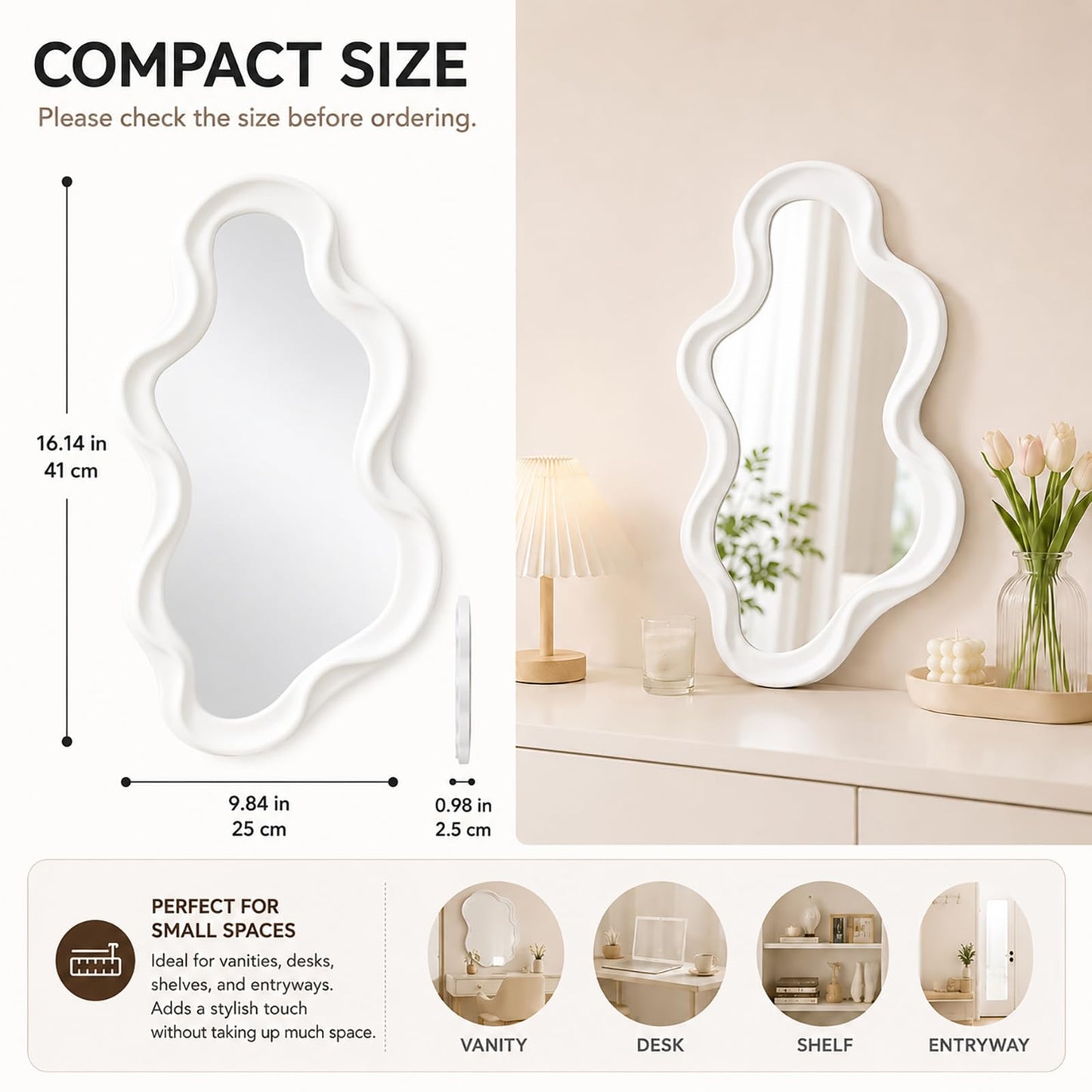 Mokoze Asymmetrical Wall Mirror, Irregular Mirror, White,16.14" x 9.84"
